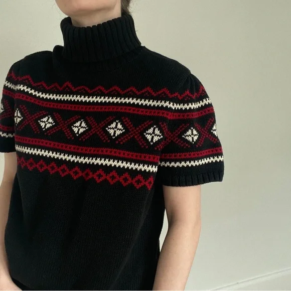 Vintage Cotton Fair Isle Short Puff Sleeve Knit Turtleneck Sweater Large - Picture 2 of 8